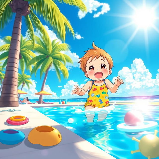 A vibrant and colorful anime scene featuring a small child joyfully playing by a sparkling blue pool on a sunny day