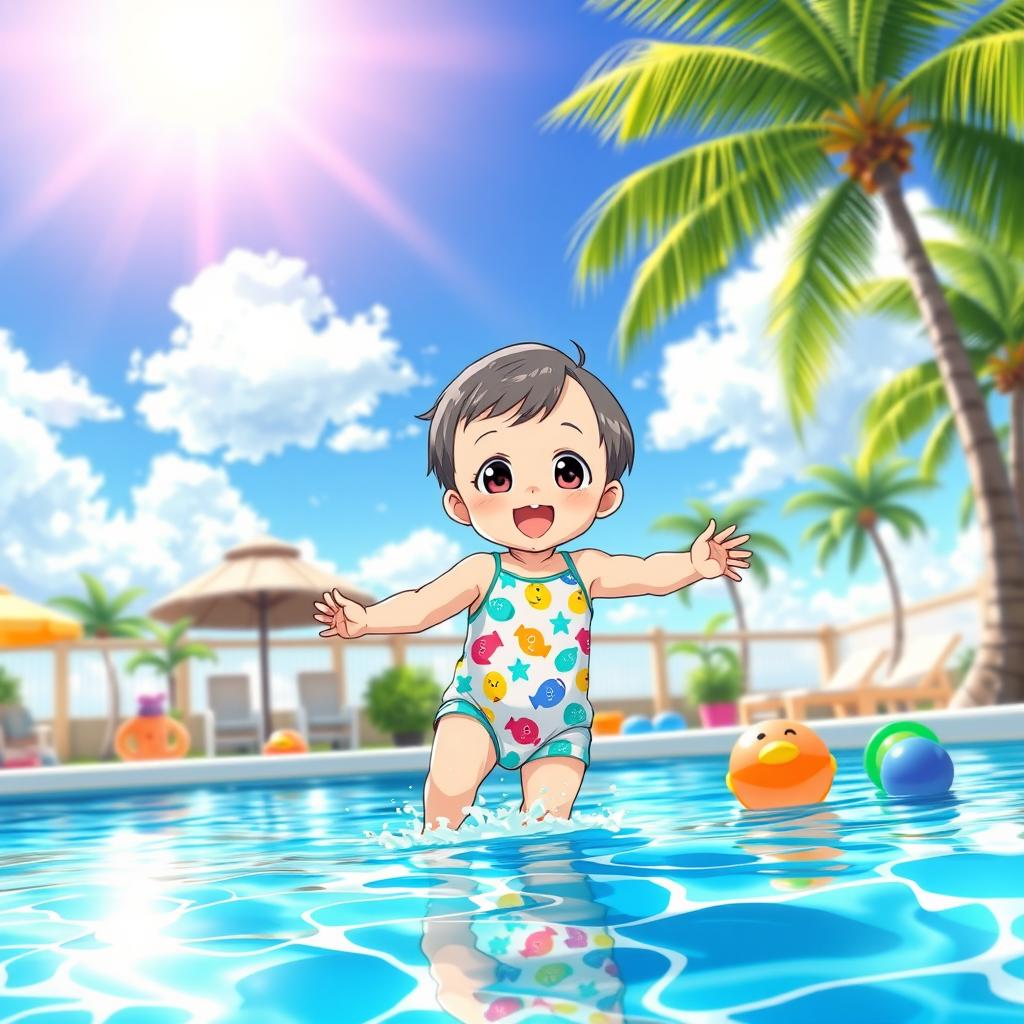 A vibrant and colorful anime scene featuring a small child joyfully playing by a sparkling blue pool on a sunny day