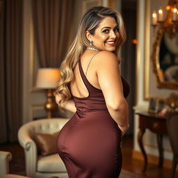 A curvy mature woman in her 40s with a flawless hourglass figure, showcasing her voluptuous backside