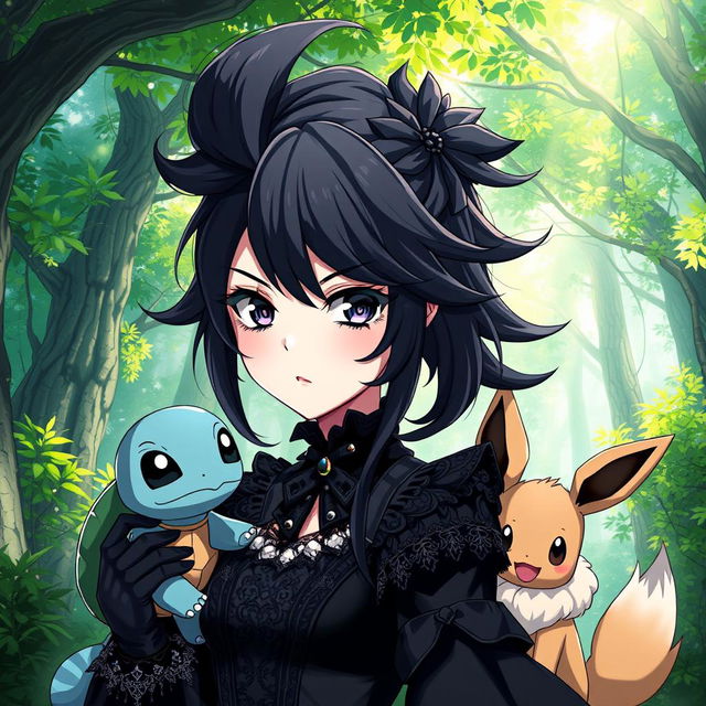 A striking anime portrait of a goth Pokémon trainer girl with dark, flowing hair styled in a unique gothic fashion