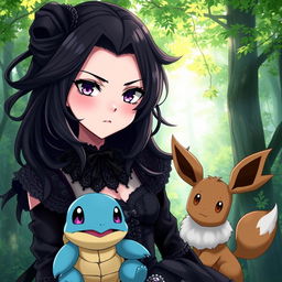 A striking anime portrait of a goth Pokémon trainer girl with dark, flowing hair styled in a unique gothic fashion