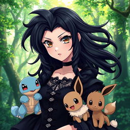 A striking anime portrait of a goth Pokémon trainer girl with dark, flowing hair styled in a unique gothic fashion
