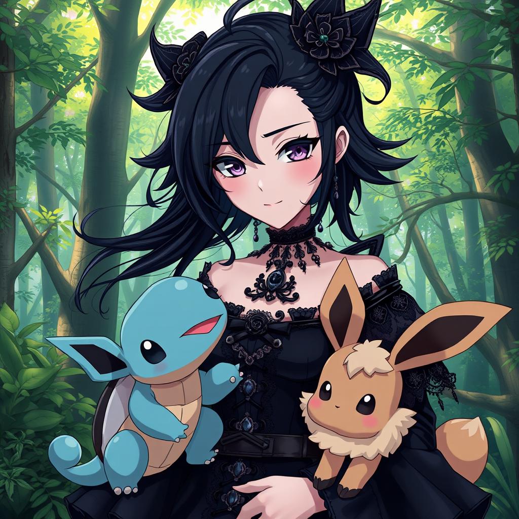 A striking anime portrait of a goth Pokémon trainer girl with dark, flowing hair styled in a unique gothic fashion