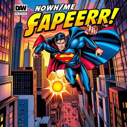 A dynamic comic book cover featuring a heroic superhero in action, displaying superhuman powers