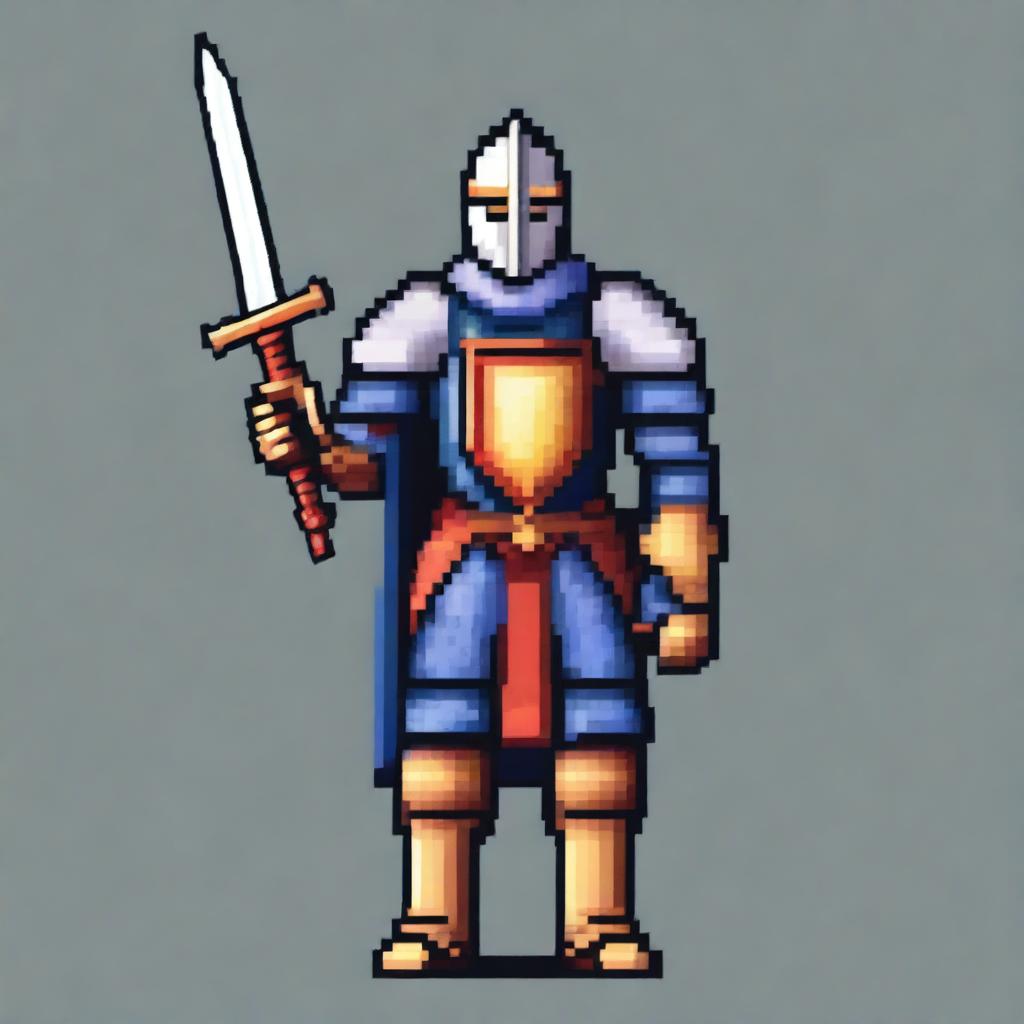 A pixel art image showcasing a gallant knight, clad in gleaming armor