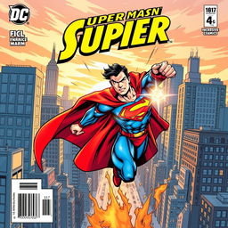 A dynamic comic book cover featuring a heroic superhero in action, displaying superhuman powers