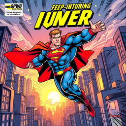 A dynamic comic book cover featuring a heroic superhero in action, displaying superhuman powers