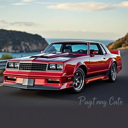 A stunning custom car design that combines elements of a 1986 Chevy Monte Carlo SS and a 1967 Ford Mustang