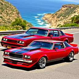 A stunning custom car design that combines elements of a 1986 Chevy Monte Carlo SS and a 1967 Ford Mustang