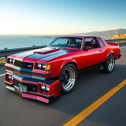 A stunning custom car design that combines elements of a 1986 Chevy Monte Carlo SS and a 1967 Ford Mustang