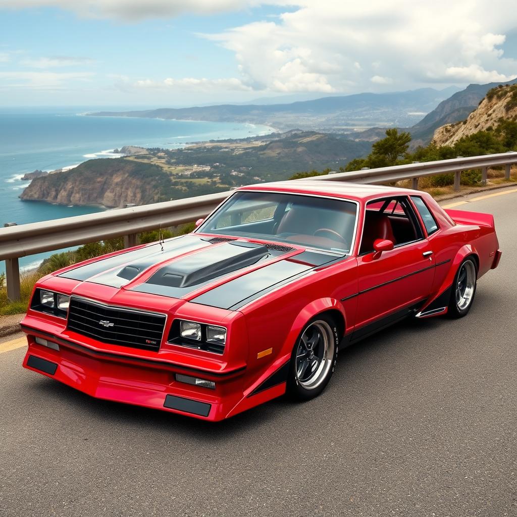 A stunning custom car design that combines elements of a 1986 Chevy Monte Carlo SS and a 1967 Ford Mustang