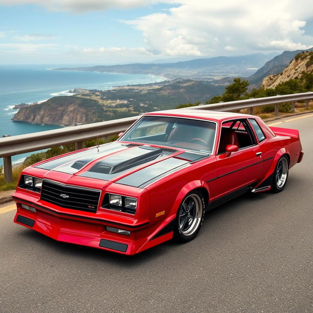 A stunning custom car design that combines elements of a 1986 Chevy Monte Carlo SS and a 1967 Ford Mustang