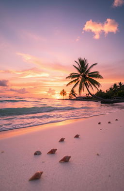 A stunning landscape depicting a serene, sunlit beach at sunset