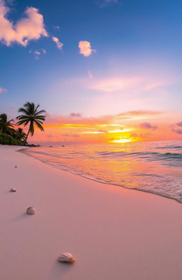 A stunning landscape depicting a serene, sunlit beach at sunset