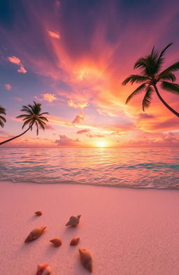 A stunning landscape depicting a serene, sunlit beach at sunset