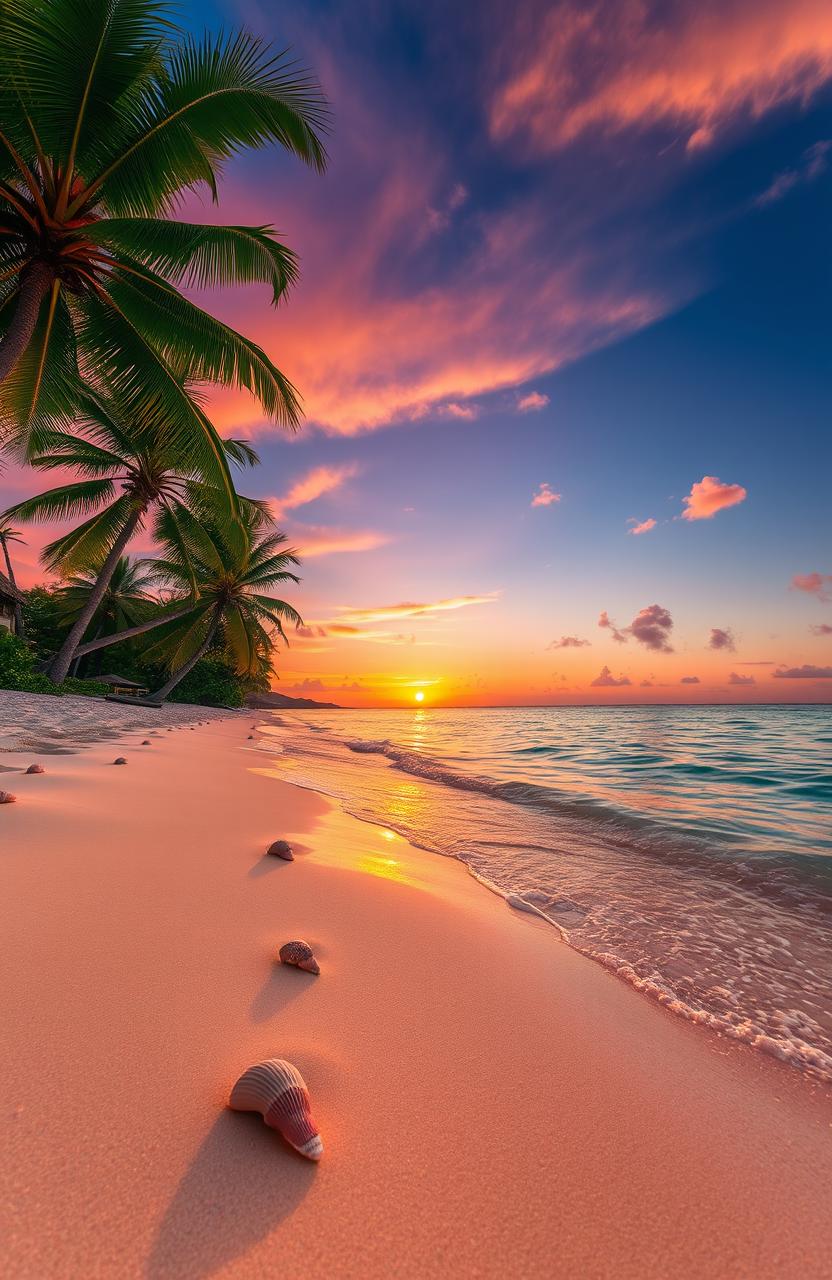 A stunning landscape depicting a serene, sunlit beach at sunset