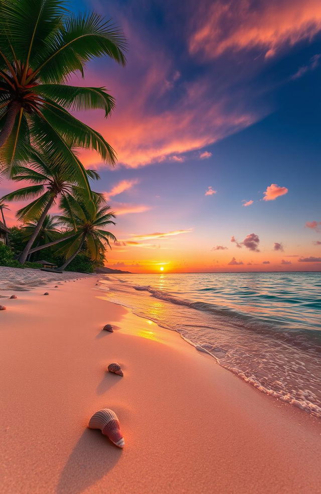 A stunning landscape depicting a serene, sunlit beach at sunset