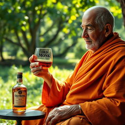 A serene and contemplative scene featuring an elderly monk seated in a tranquil environment, surrounded by nature