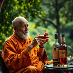 A serene and contemplative scene featuring an elderly monk seated in a tranquil environment, surrounded by nature