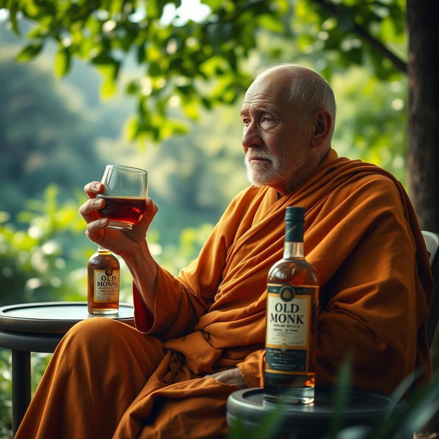 A serene and contemplative scene featuring an elderly monk seated in a tranquil environment, surrounded by nature