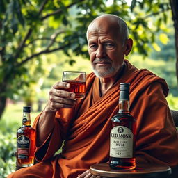 A serene and contemplative scene featuring an elderly monk seated in a tranquil environment, surrounded by nature