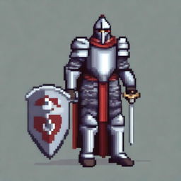 A pixel art image showcasing a gallant knight, clad in gleaming armor