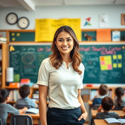 A stylish young teacher in a vibrant classroom setting, showcasing a confident, professional appearance