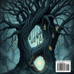 A mystical back cover illustration for a book showcasing an ancient, gnarled tree with a large hole in its trunk