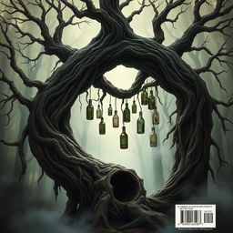 A mystical back cover illustration for a book showcasing an ancient, gnarled tree with a large hole in its trunk