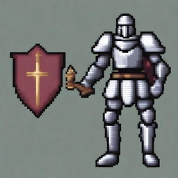 A pixel art image showcasing a gallant knight, clad in gleaming armor