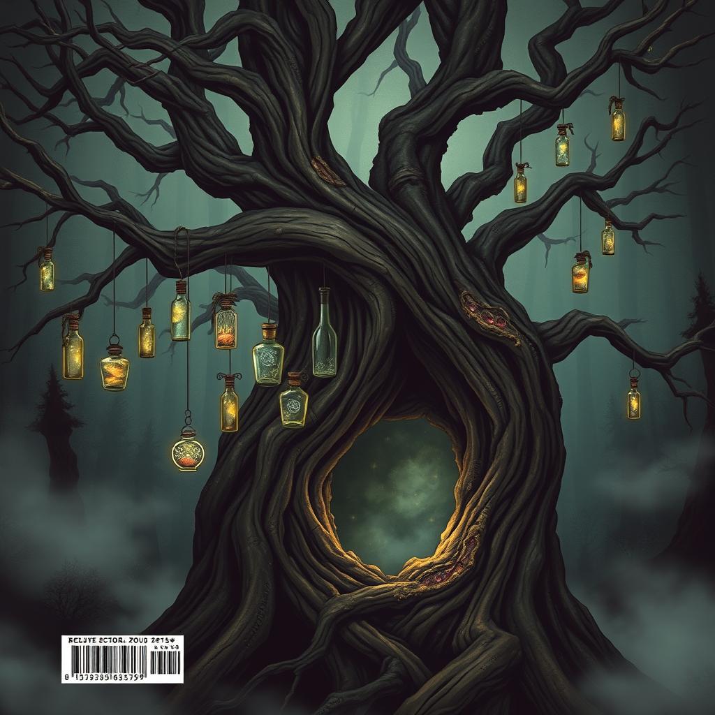 A mystical back cover illustration for a book showcasing an ancient, gnarled tree with a large hole in its trunk