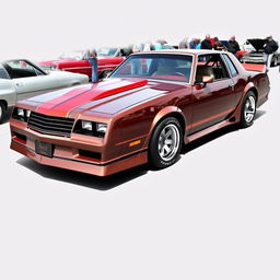 A unique hybrid vehicle design combining elements from a 1986 Chevy Monte Carlo SS and a 1967 Ford Mustang GT500