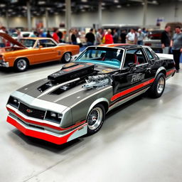 A unique hybrid vehicle design combining elements from a 1986 Chevy Monte Carlo SS and a 1967 Ford Mustang GT500