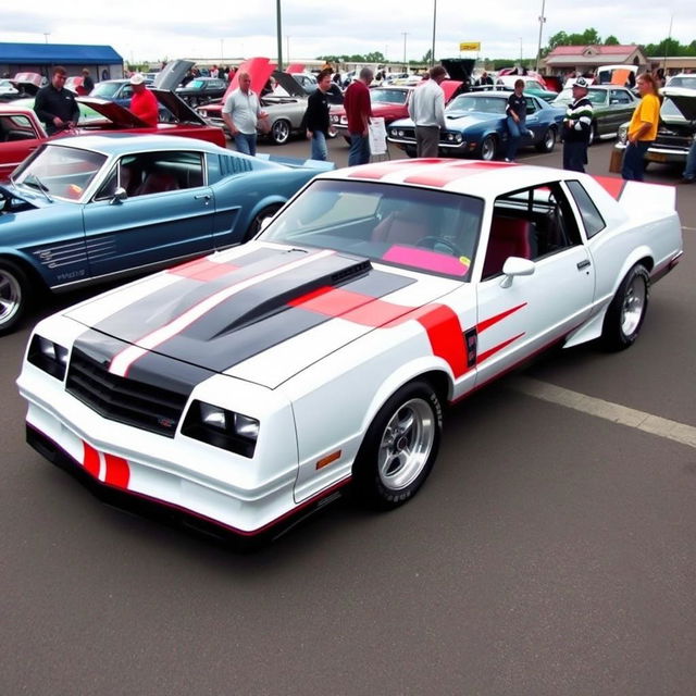 A unique hybrid vehicle design combining elements from a 1986 Chevy Monte Carlo SS and a 1967 Ford Mustang GT500