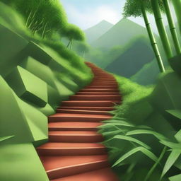 A high-quality digital art piece featuring a stepped path made of brick blocks descending down a mountain trail