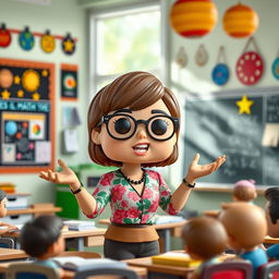 A Funko Pop style figurine of a 45-year-old woman enthusiastically teaching a class in a colorful classroom