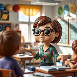 A Funko Pop style figurine of a 45-year-old woman enthusiastically teaching a class in a colorful classroom