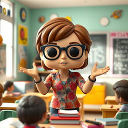 A Funko Pop style figurine of a 45-year-old woman enthusiastically teaching a class in a colorful classroom