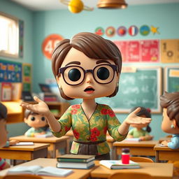 A Funko Pop style figurine of a 45-year-old woman enthusiastically teaching a class in a colorful classroom