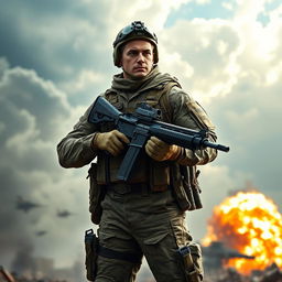 A strong and brave soldier standing in a dynamic battle pose, wearing a detailed tactical military uniform with camouflage patterns, equipped with a modern rifle and tactical gear