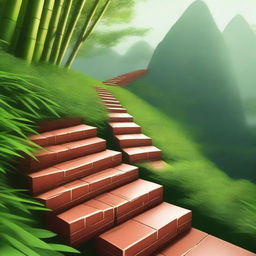 A high-quality digital art piece featuring a stepped path made of brick blocks descending down a mountain trail