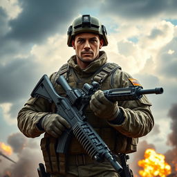 A strong and brave soldier standing in a dynamic battle pose, wearing a detailed tactical military uniform with camouflage patterns, equipped with a modern rifle and tactical gear