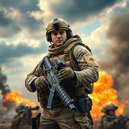 A strong and brave soldier standing in a dynamic battle pose, wearing a detailed tactical military uniform with camouflage patterns, equipped with a modern rifle and tactical gear