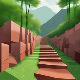 A high-quality digital art piece featuring a stepped path made of brick blocks descending down a mountain trail