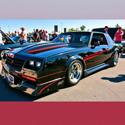 A stunning 1986 Chevy Monte Carlo SS, heavily modified with a sleek, aerodynamic body kit, an aggressive front bumper, and custom hood vents