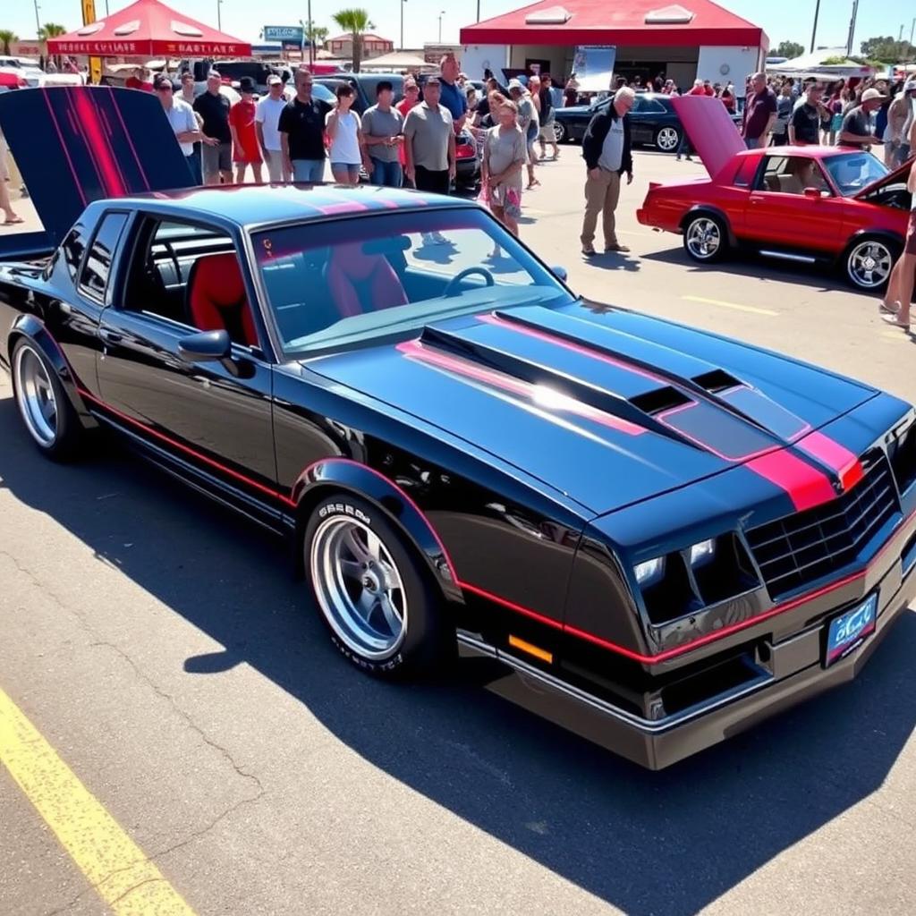 A stunning 1986 Chevy Monte Carlo SS, heavily modified with a sleek, aerodynamic body kit, an aggressive front bumper, and custom hood vents