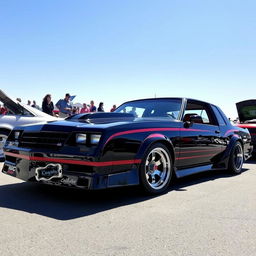 A stunning 1986 Chevy Monte Carlo SS, heavily modified with a sleek, aerodynamic body kit, an aggressive front bumper, and custom hood vents