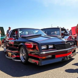 A stunning 1986 Chevy Monte Carlo SS, heavily modified with a sleek, aerodynamic body kit, an aggressive front bumper, and custom hood vents