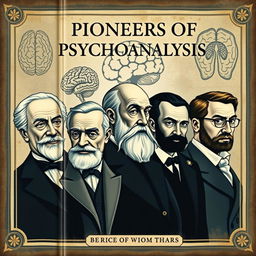 A book cover featuring the significant figures in psychology: Sigmund Freud, dressed in early 20th-century attire, with a contemplative expression; Alfred Adler with a warm smile, showcasing his confident demeanor; Carl Jung with a thoughtful gaze, surrounded by symbols of archetypes and the unconscious; Jacques Lacan with an intellectual pose, hinting at his complex theories; and Erich Fromm, exuding charisma and depth