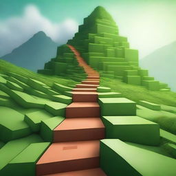 A high-quality digital art piece featuring a stepped path made of brick blocks descending down a mountain trail